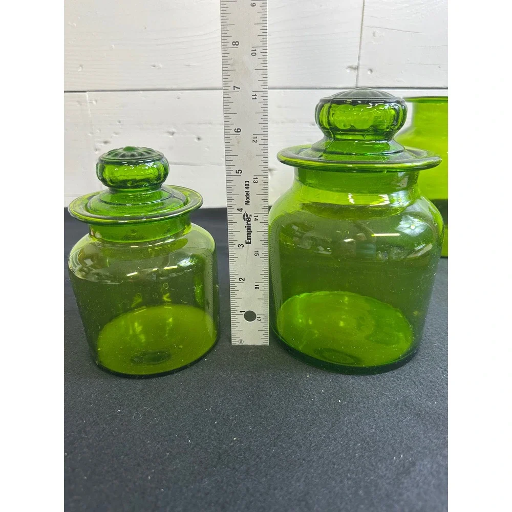Vintage Green Glass Canister Set 4pc MCM Hand Blown Apothecary Jars